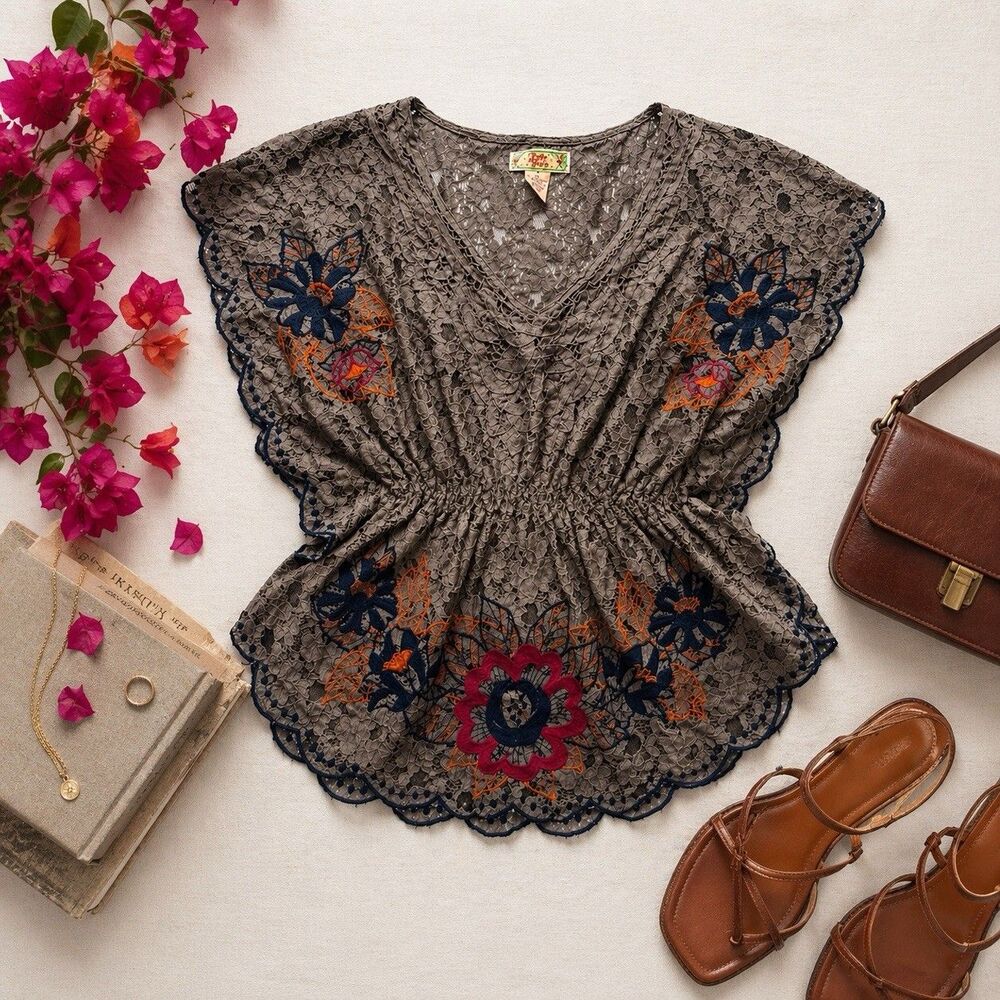 Boho Lace Embroidered Top Floral Sheer Blouse Cottagecore Festival Gray Medium